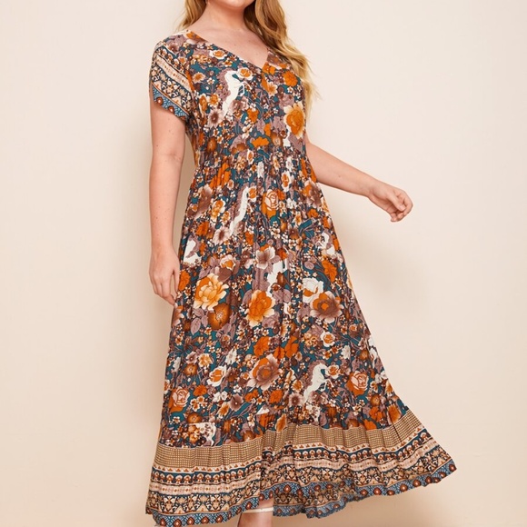 PLUS Boho V neck Floral Orange Maxi Dress - Picture 2 of 6